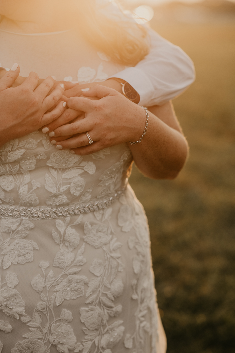 Stunning bride and bride sunset wedding portraits at Kylan Barn in Delmar, Maryland by Britney Clause Photography