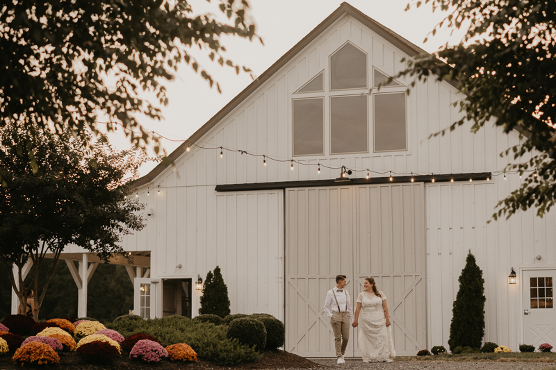 Stunning bride and bride sunset wedding portraits at Kylan Barn in Delmar, Maryland by Britney Clause Photography