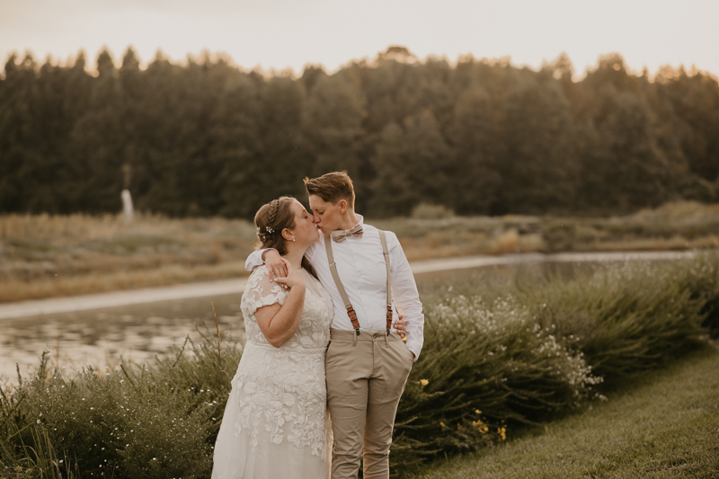 Stunning bride and bride sunset wedding portraits at Kylan Barn in Delmar, Maryland by Britney Clause Photography