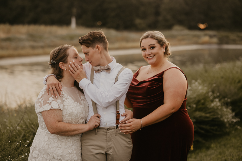 Stunning bride and bride sunset wedding portraits at Kylan Barn in Delmar, Maryland by Britney Clause Photography