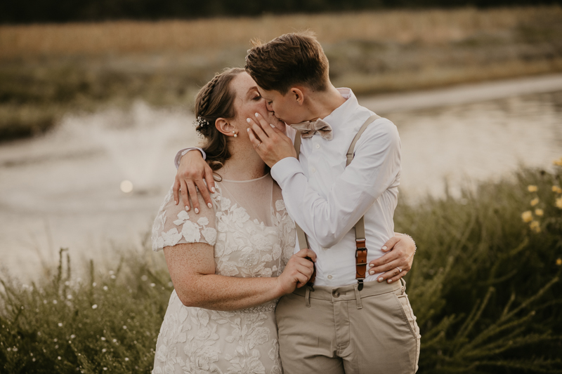 Stunning bride and bride sunset wedding portraits at Kylan Barn in Delmar, Maryland by Britney Clause Photography