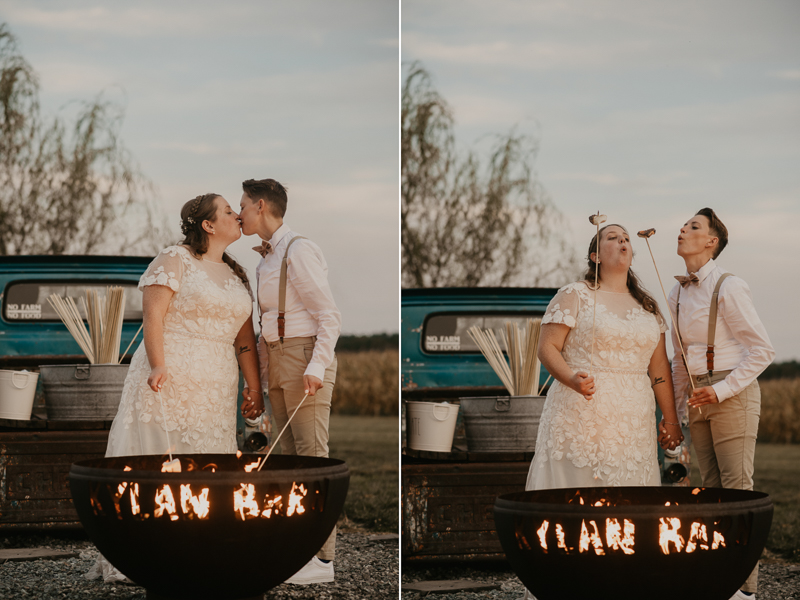 Stunning bride and bride sunset wedding portraits at Kylan Barn in Delmar, Maryland by Britney Clause Photography