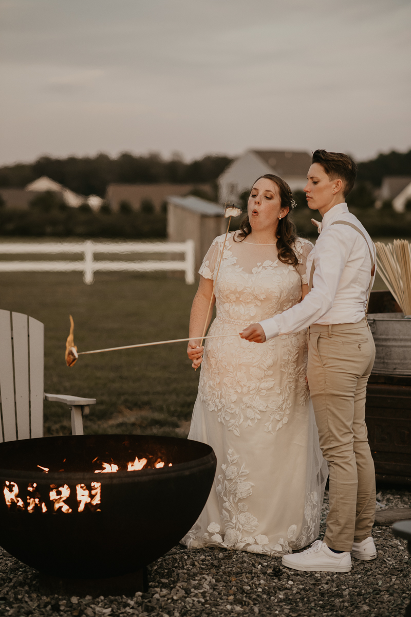 Stunning bride and bride sunset wedding portraits at Kylan Barn in Delmar, Maryland by Britney Clause Photography