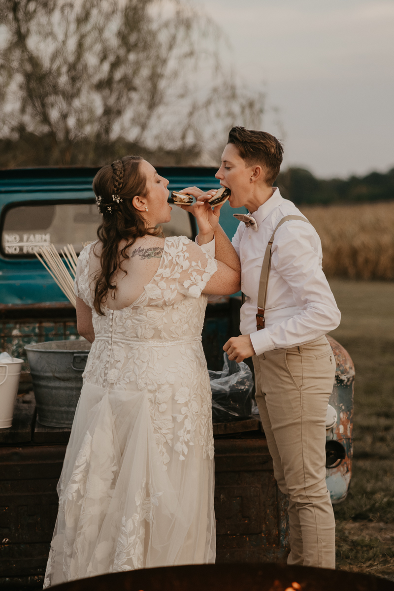 Stunning bride and bride sunset wedding portraits at Kylan Barn in Delmar, Maryland by Britney Clause Photography