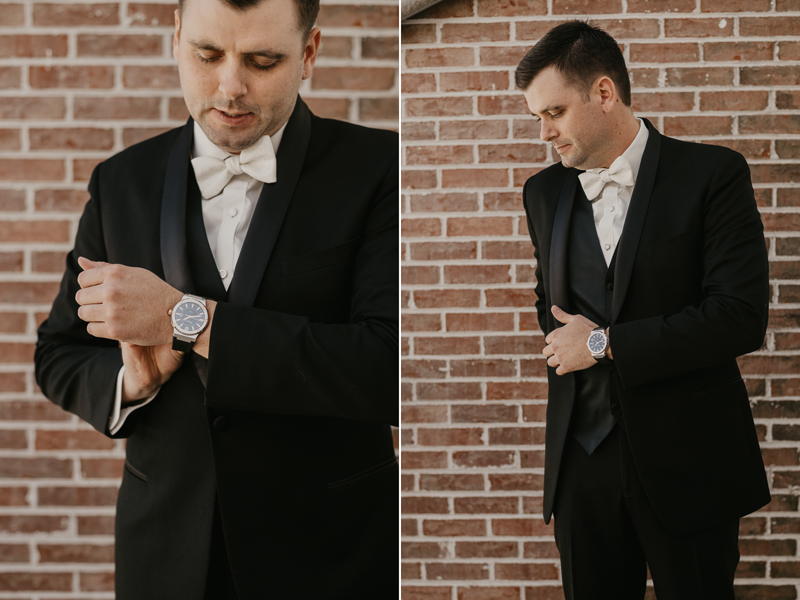 A groom getting ready for his wedding at The Hyatt Regency Chesapeake Bay, Maryland by Britney Clause Photography