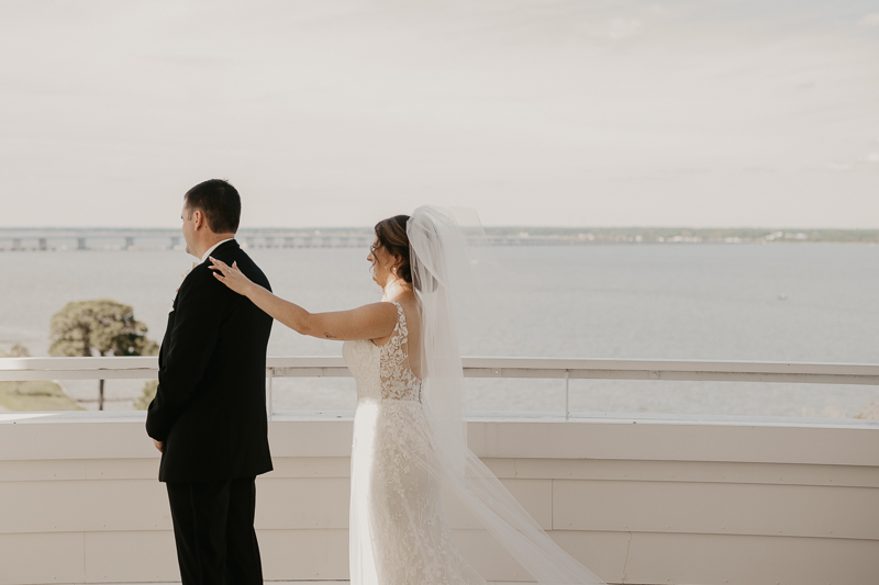 Stunning bride and groom first look in the Raven's View at The Hyatt Regency Chesapeake Bay, Maryland by Britney Clause Photography