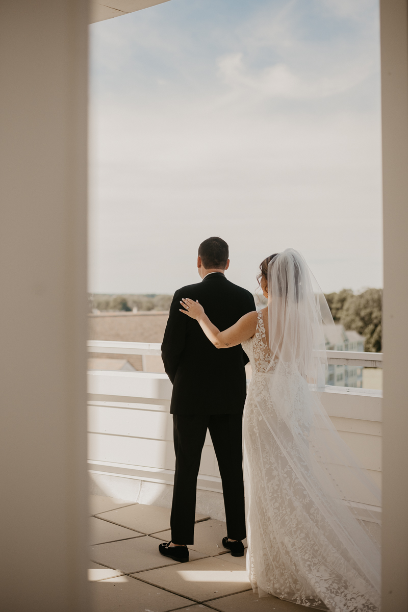 Stunning bride and groom first look in the Raven's View at The Hyatt Regency Chesapeake Bay, Maryland by Britney Clause Photography