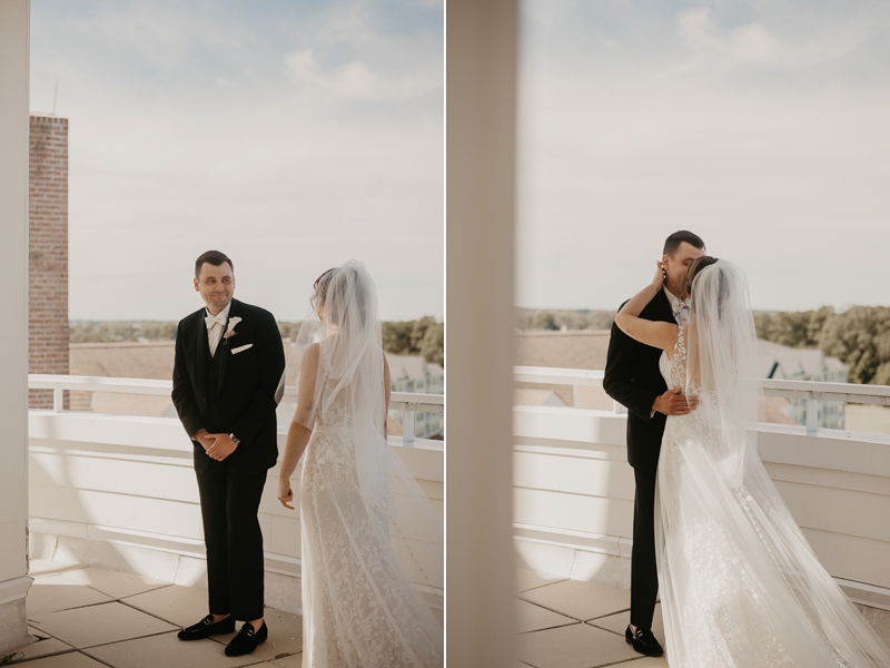 Stunning bride and groom first look in the Raven's View at The Hyatt Regency Chesapeake Bay, Maryland by Britney Clause Photography