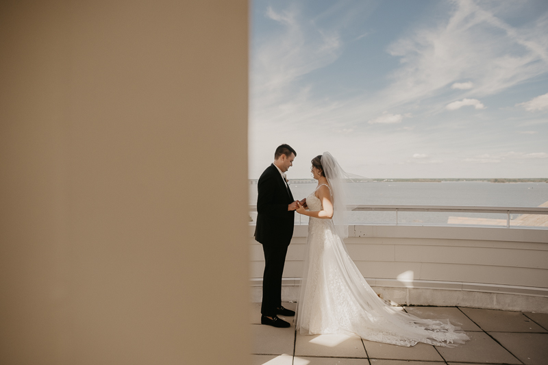 Stunning bride and groom first look in the Raven's View at The Hyatt Regency Chesapeake Bay, Maryland by Britney Clause Photography