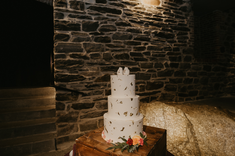 Delicious gold flecked wedding cake by Copper Kitchen at the Heron Room in Baltimore, Maryland by Britney Clause Photography