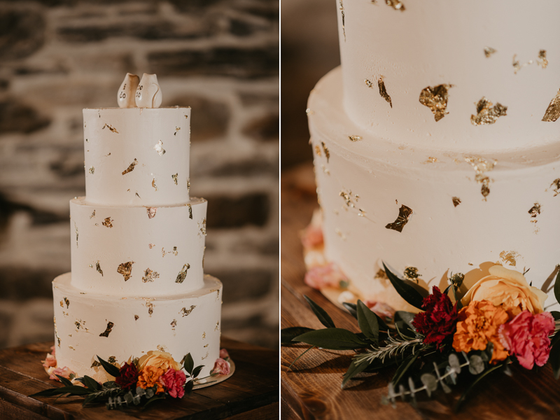 Delicious gold flecked wedding cake by Copper Kitchen at the Heron Room in Baltimore, Maryland by Britney Clause Photography