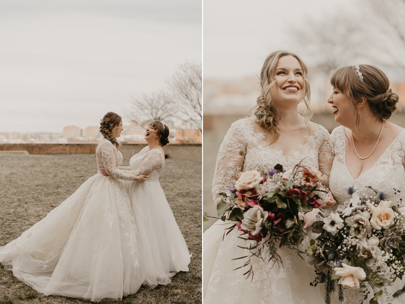 Stunning bride and bride wedding portraits at the Homewood Suites Hilton Hotel for a Mt. Washington Mill Dye House in Baltimore, Maryland by Britney Clause Photography