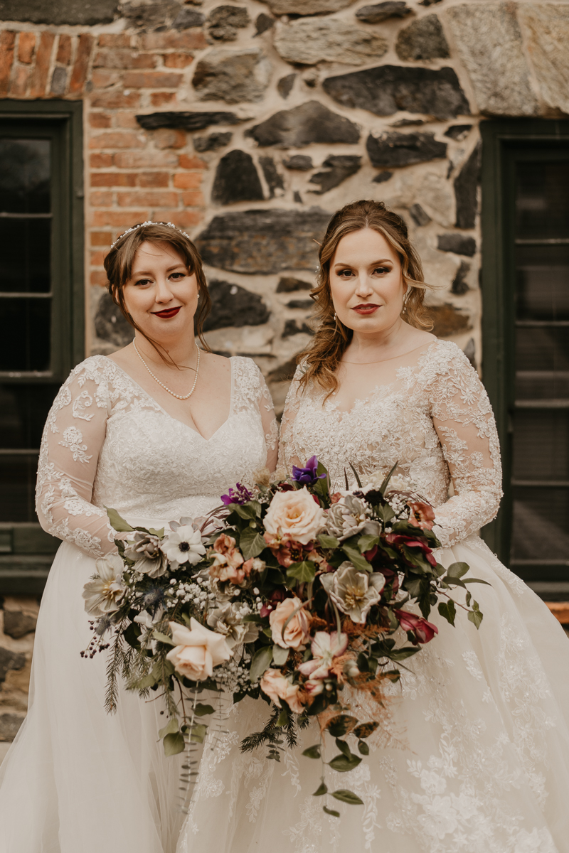 Stunning bride and bride wedding portraits at the Mt. Washington Mill Dye House in Baltimore, Maryland by Britney Clause Photography