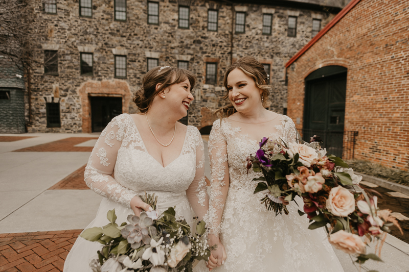 Stunning bride and bride wedding portraits at the Mt. Washington Mill Dye House in Baltimore, Maryland by Britney Clause Photography