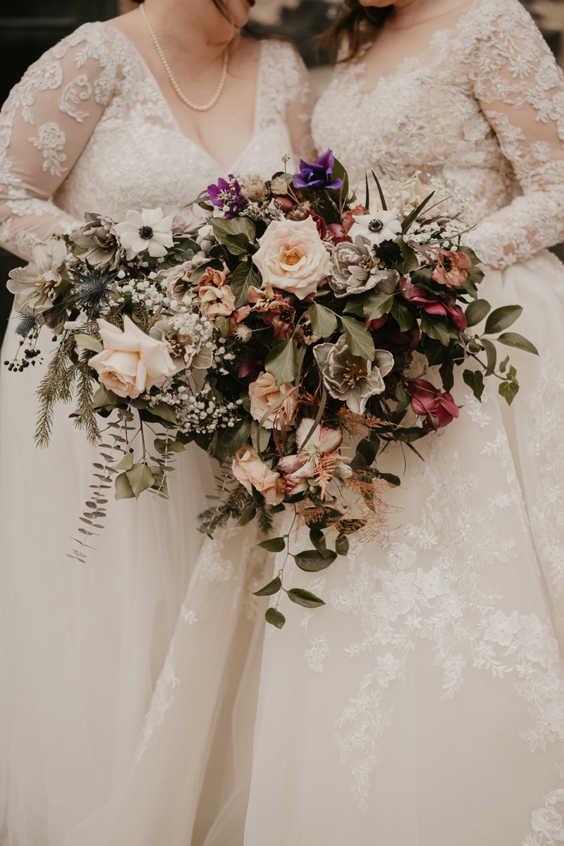 Gorgeous bridal bouquets from Steel Cut Flower Co. at the Mt. Washington Mill Dye House in Baltimore, Maryland by Britney Clause Photography