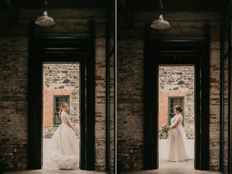 Stunning bride and bride wedding portraits at the Mt. Washington Mill Dye House in Baltimore, Maryland by Britney Clause Photography