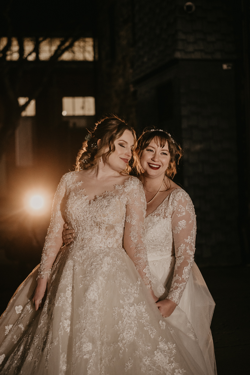 Stunning bride and bride wedding portraits at the Mt. Washington Mill Dye House in Baltimore, Maryland by Britney Clause Photography