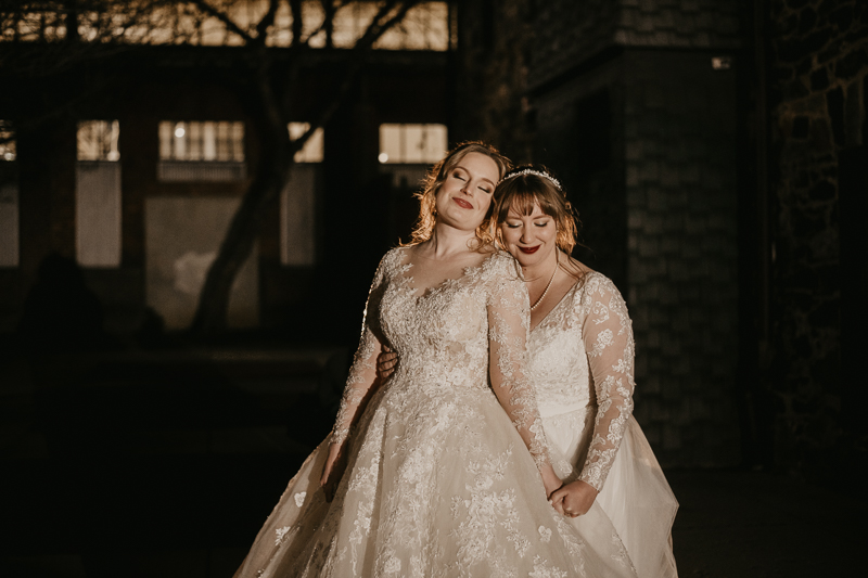 Stunning bride and bride wedding portraits at the Mt. Washington Mill Dye House in Baltimore, Maryland by Britney Clause Photography