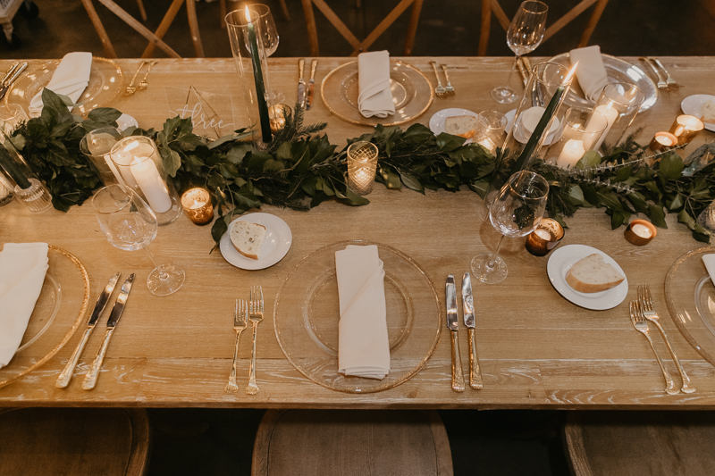 Magical wedding reception decor by Steel Cut Flower Co., Linwoods Catering, and Celebrations LLC at the Mt. Washington Mill Dye House in Baltimore, Maryland by Britney Clause Photography