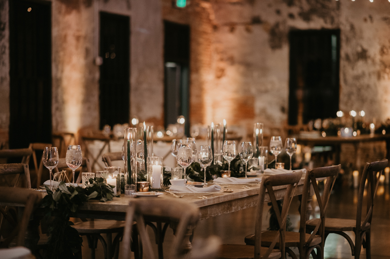 Magical wedding reception decor by Steel Cut Flower Co., Linwoods Catering, and Celebrations LLC at the Mt. Washington Mill Dye House in Baltimore, Maryland by Britney Clause Photography