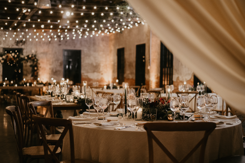 Magical wedding reception decor by Steel Cut Flower Co., Linwoods Catering, and Celebrations LLC at the Mt. Washington Mill Dye House in Baltimore, Maryland by Britney Clause Photography