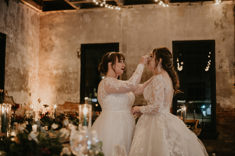 Stunning bride and bride wedding portraits at the Mt. Washington Mill Dye House in Baltimore, Maryland by Britney Clause Photography