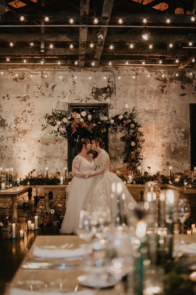 Stunning bride and bride wedding portraits at the Mt. Washington Mill Dye House in Baltimore, Maryland by Britney Clause Photography