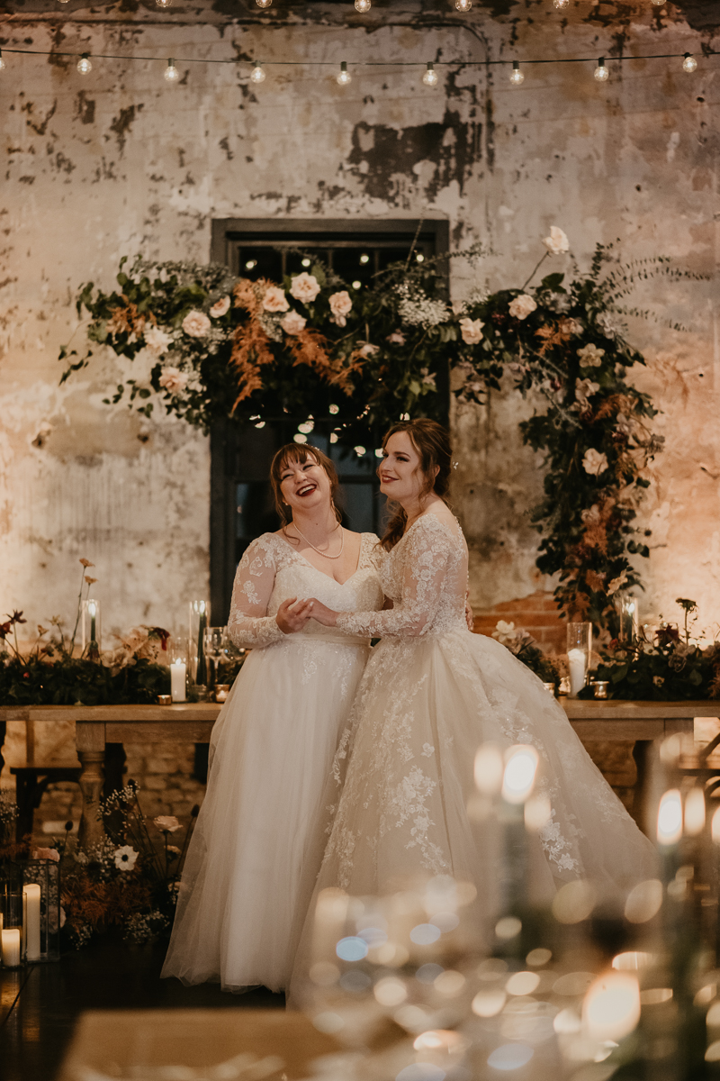 Stunning bride and bride wedding portraits at the Mt. Washington Mill Dye House in Baltimore, Maryland by Britney Clause Photography