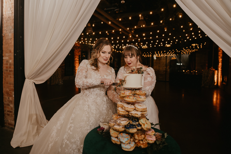 Delicious donut wedding cake by Linwoods Catering at the Mt. Washington Mill Dye House in Baltimore, Maryland by Britney Clause Photography