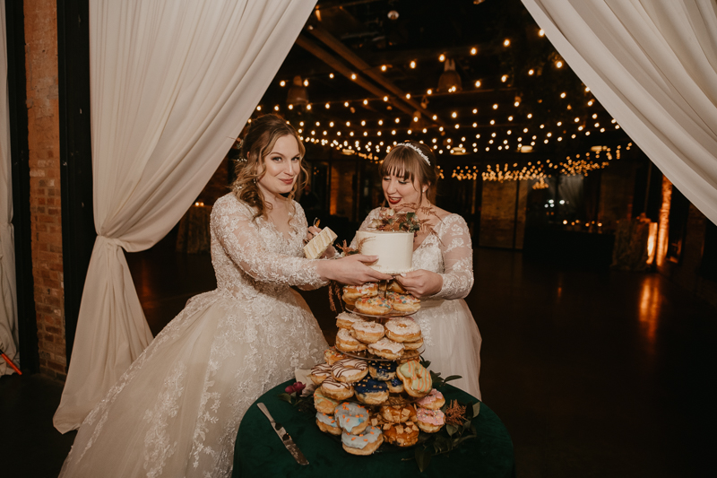 Delicious donut wedding cake by Linwoods Catering at the Mt. Washington Mill Dye House in Baltimore, Maryland by Britney Clause Photography