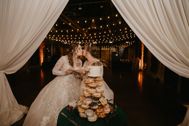 Delicious donut wedding cake by Linwoods Catering at the Mt. Washington Mill Dye House in Baltimore, Maryland by Britney Clause Photography