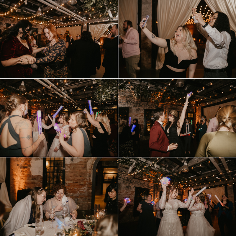 A bright and light filled evening wedding reception by District Remix DJs at the Mt. Washington Mill Dye House in Baltimore, Maryland by Britney Clause Photography