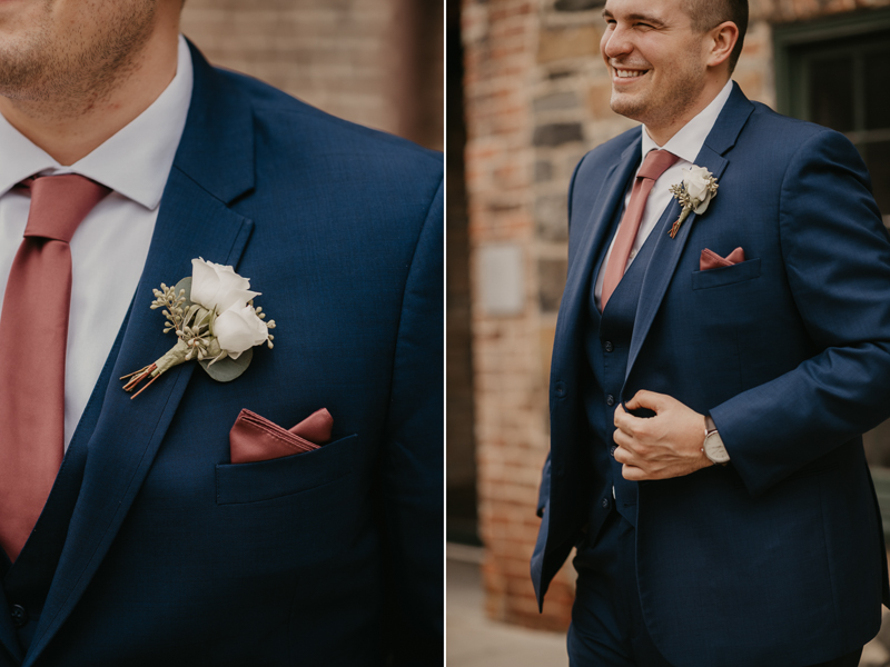 A groom getting ready at the Sheraton Baltimore North Hotel for a Mt. Washington Mill Dye House in Baltimore, Maryland by Britney Clause Photography