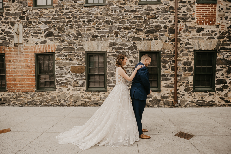 Stunning bride and groom wedding portraits at the Mt. Washington Mill Dye House in Baltimore, Maryland by Britney Clause Photography