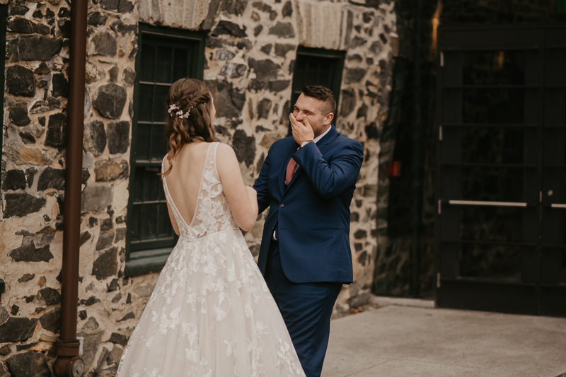 Stunning bride and groom wedding portraits at the Mt. Washington Mill Dye House in Baltimore, Maryland by Britney Clause Photography