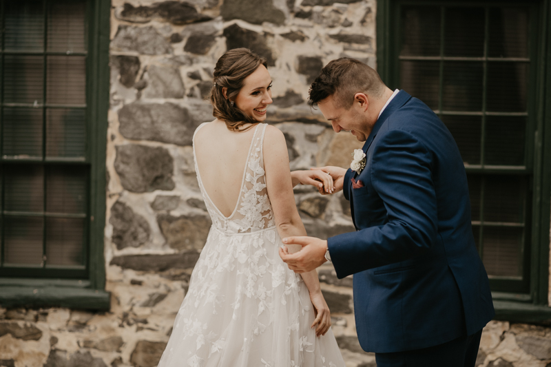 Stunning bride and groom wedding portraits at the Mt. Washington Mill Dye House in Baltimore, Maryland by Britney Clause Photography