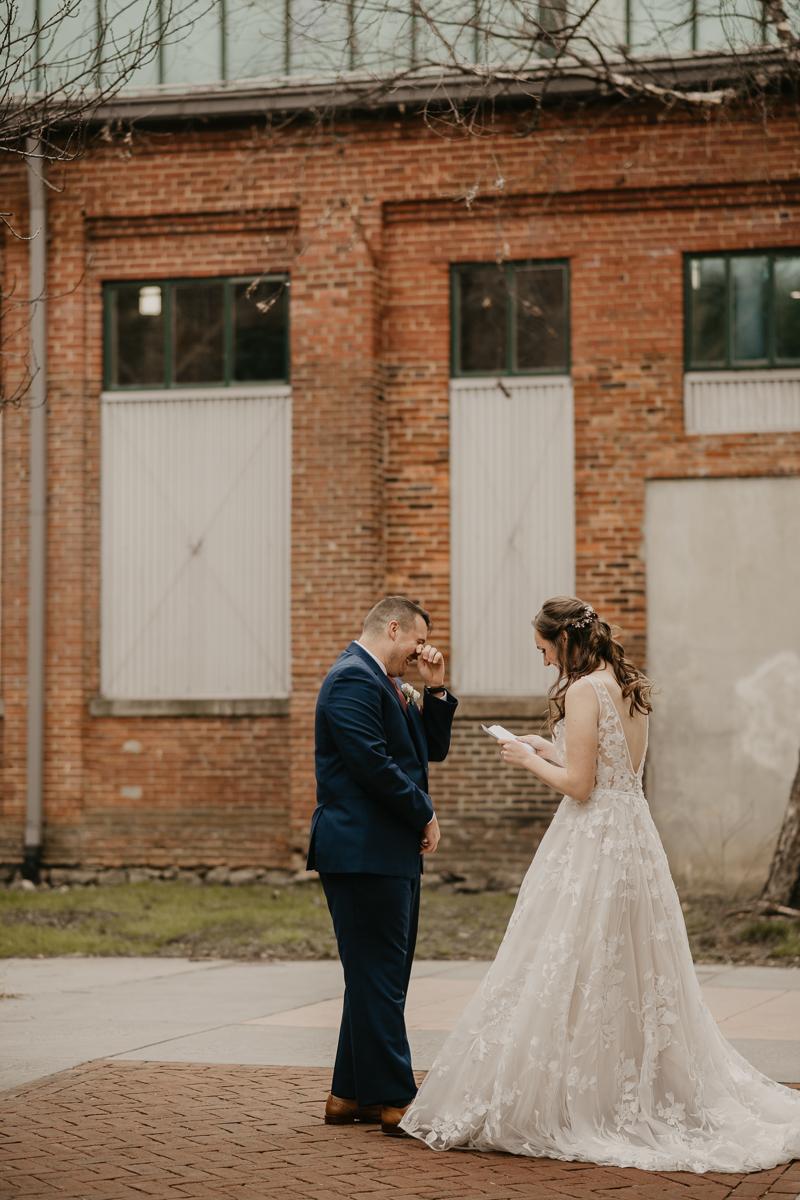 Stunning bride and groom wedding portraits at the Mt. Washington Mill Dye House in Baltimore, Maryland by Britney Clause Photography