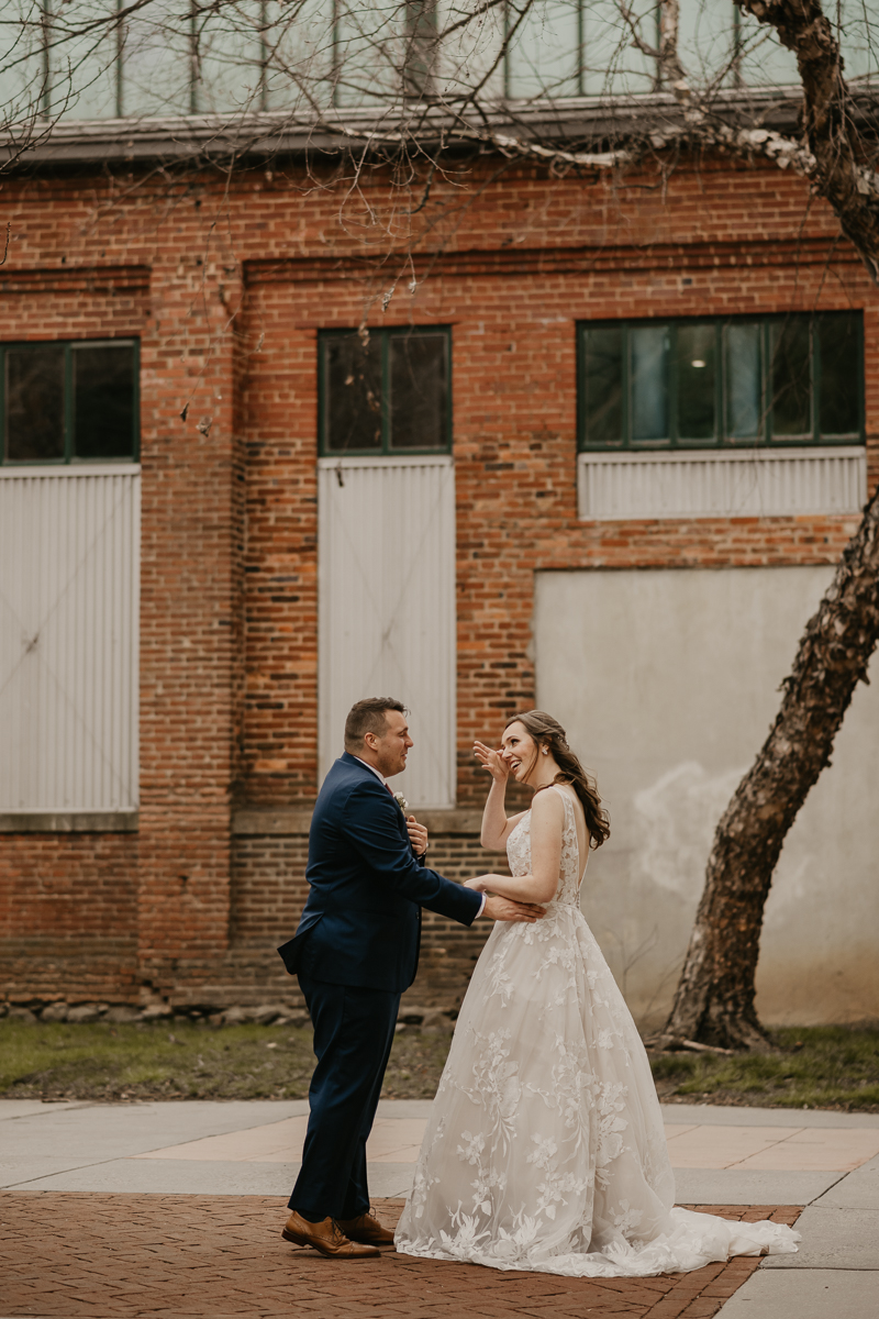 Stunning bride and groom wedding portraits at the Mt. Washington Mill Dye House in Baltimore, Maryland by Britney Clause Photography