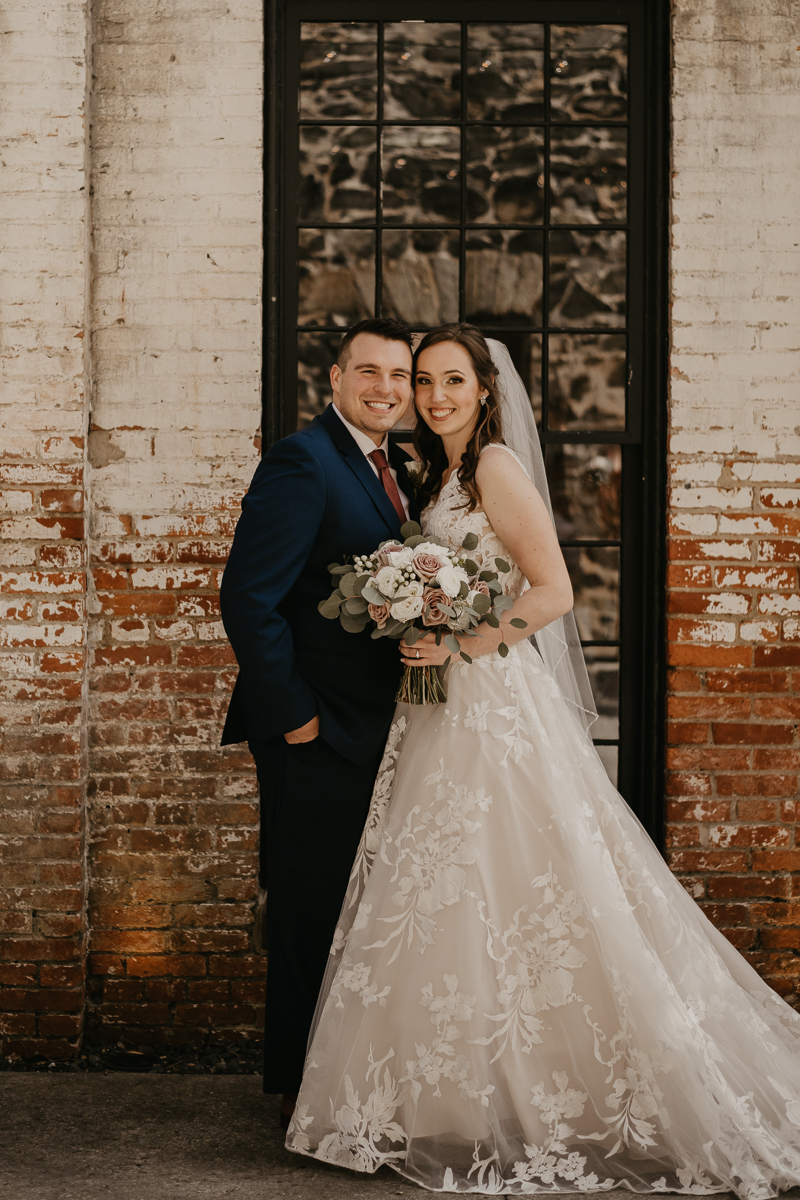 Stunning bride and groom wedding portraits at the Mt. Washington Mill Dye House in Baltimore, Maryland by Britney Clause Photography