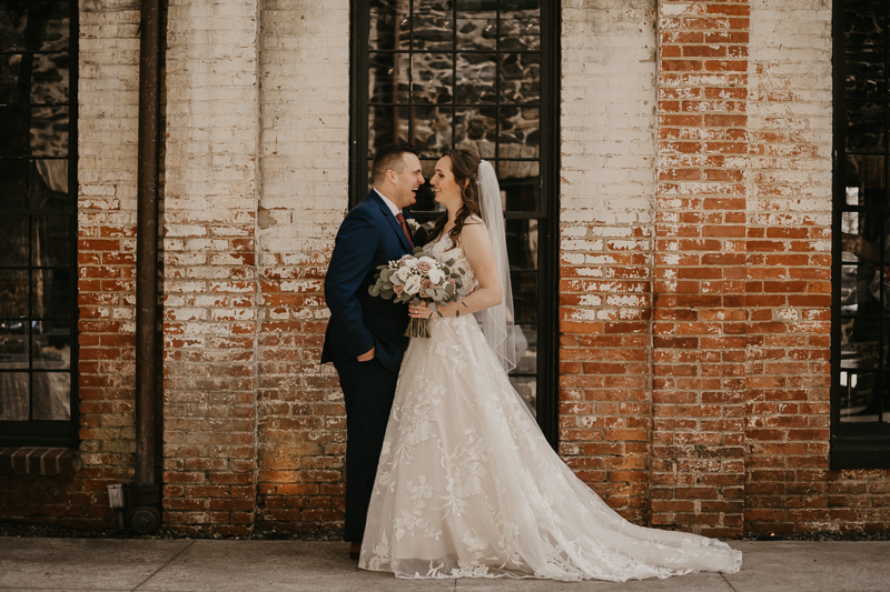 Stunning bride and groom wedding portraits at the Mt. Washington Mill Dye House in Baltimore, Maryland by Britney Clause Photography