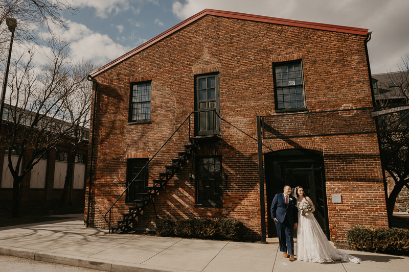 Stunning bride and groom wedding portraits at the Mt. Washington Mill Dye House in Baltimore, Maryland by Britney Clause Photography