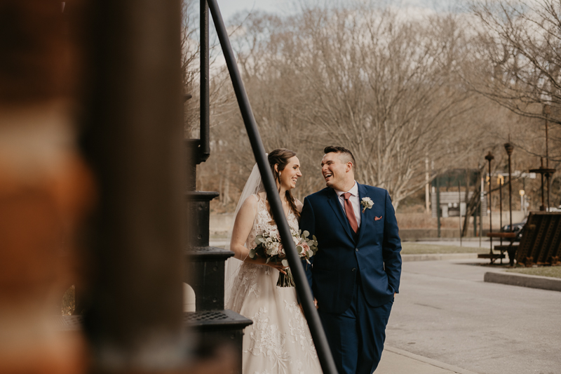 Stunning bride and groom wedding portraits at the Mt. Washington Mill Dye House in Baltimore, Maryland by Britney Clause Photography
