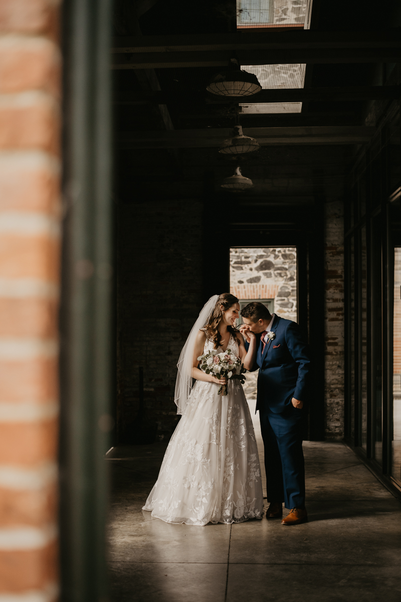 Stunning bride and groom wedding portraits at the Mt. Washington Mill Dye House in Baltimore, Maryland by Britney Clause Photography