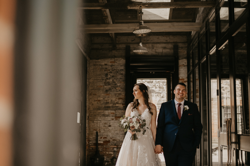 Stunning bride and groom wedding portraits at the Mt. Washington Mill Dye House in Baltimore, Maryland by Britney Clause Photography