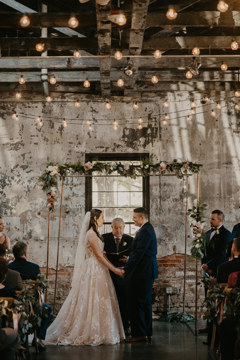 Amazing industrial wedding ceremony at the Mt. Washington Mill Dye House in Baltimore, Maryland by Britney Clause Photography