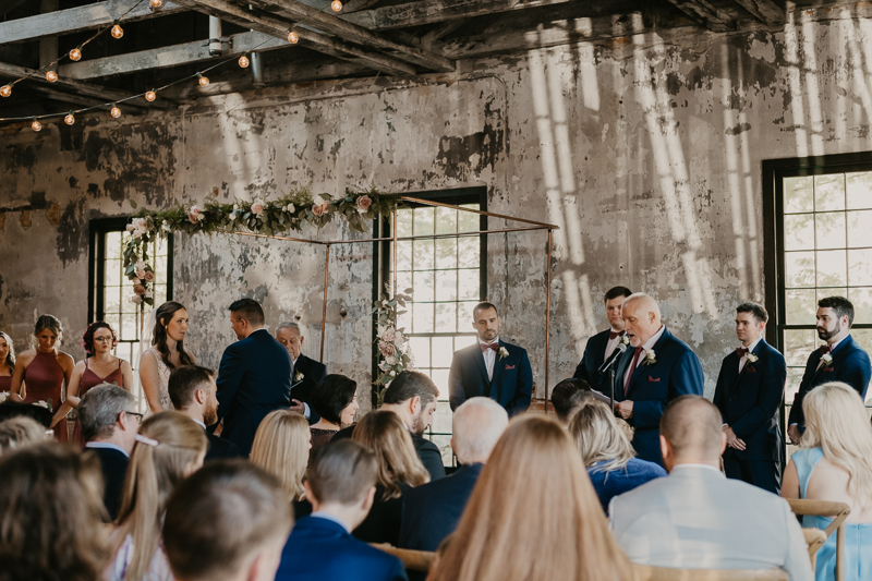 Amazing industrial wedding ceremony at the Mt. Washington Mill Dye House in Baltimore, Maryland by Britney Clause Photography