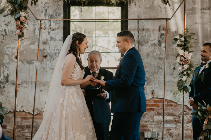 Amazing industrial wedding ceremony at the Mt. Washington Mill Dye House in Baltimore, Maryland by Britney Clause Photography