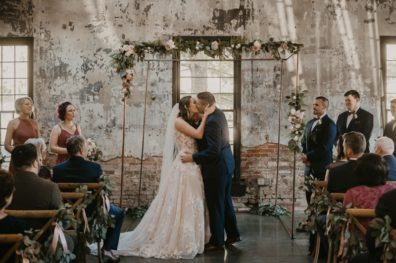 Amazing industrial wedding ceremony at the Mt. Washington Mill Dye House in Baltimore, Maryland by Britney Clause Photography