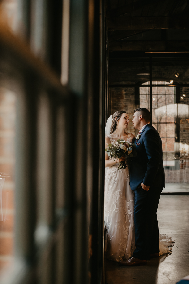 Stunning bride and groom wedding portraits at the Mt. Washington Mill Dye House in Baltimore, Maryland by Britney Clause Photography