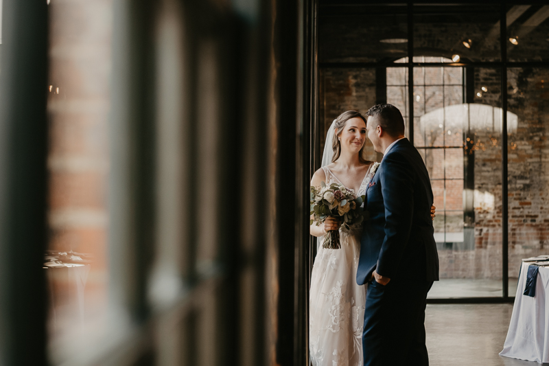 Stunning bride and groom wedding portraits at the Mt. Washington Mill Dye House in Baltimore, Maryland by Britney Clause Photography